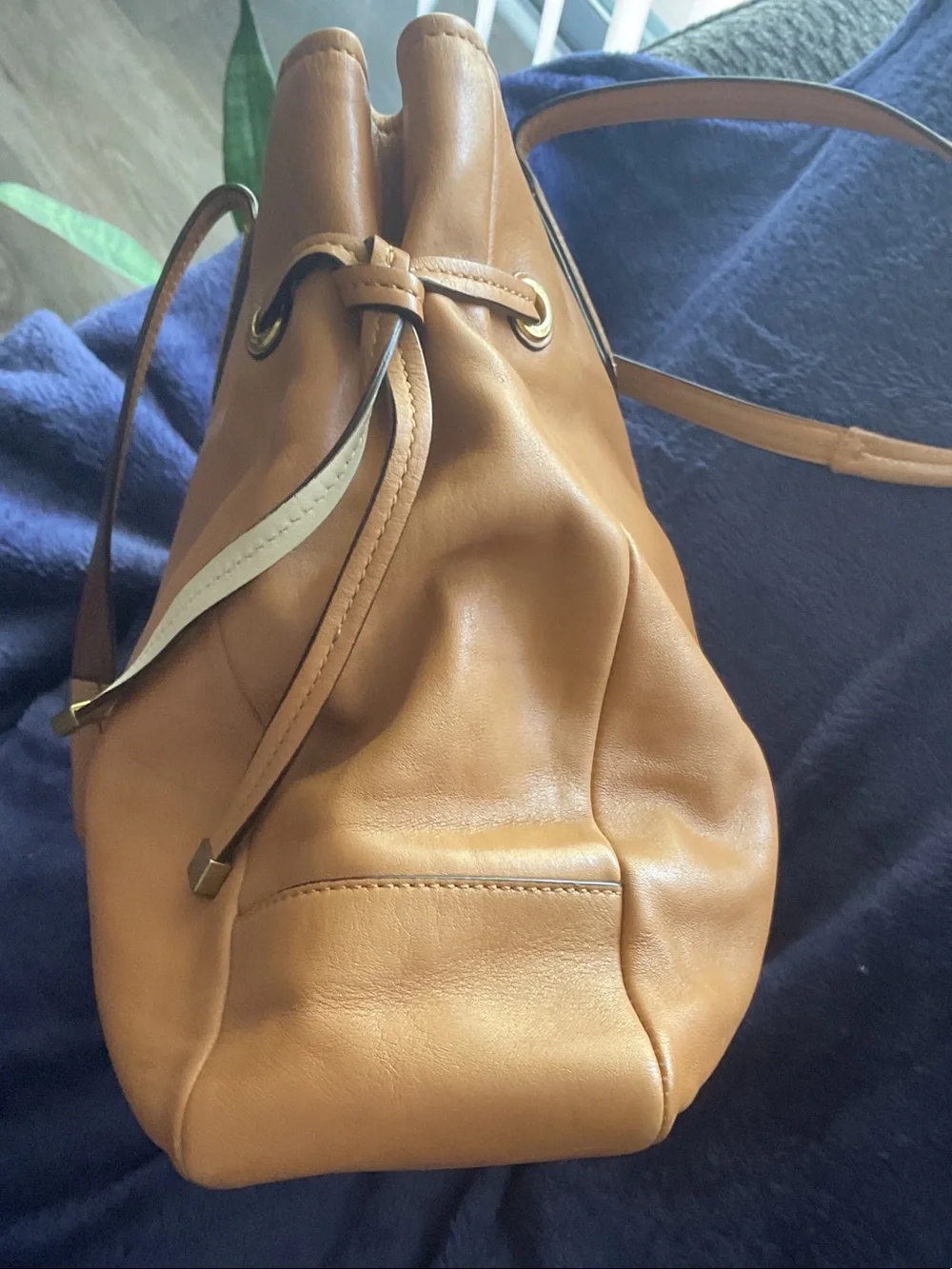 Coach Tan Leather Tote with Cream Center Stripe